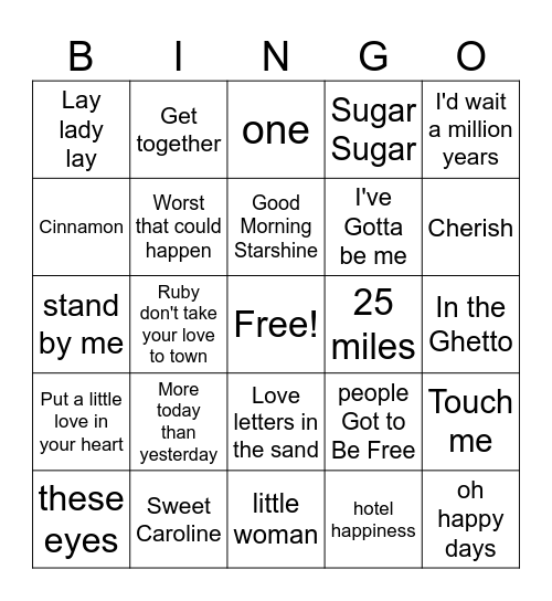 60s Hits Bingo Card