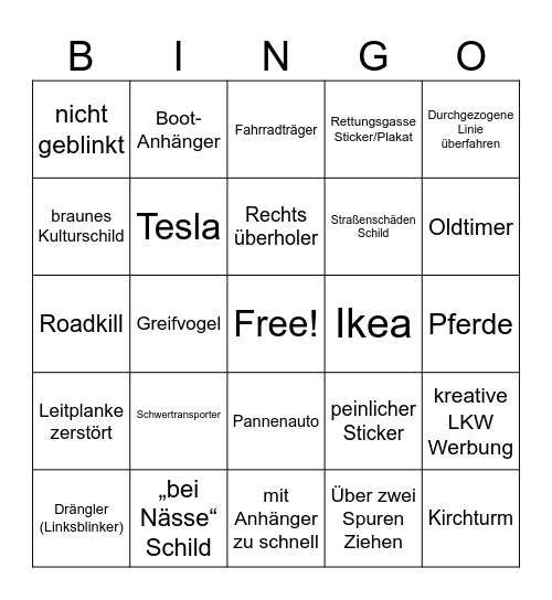 Autobahn Bingo Card