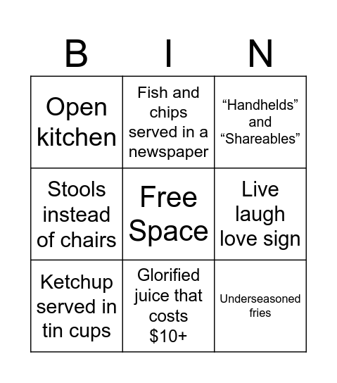 NPC Small Town Restaurant Bingo Card