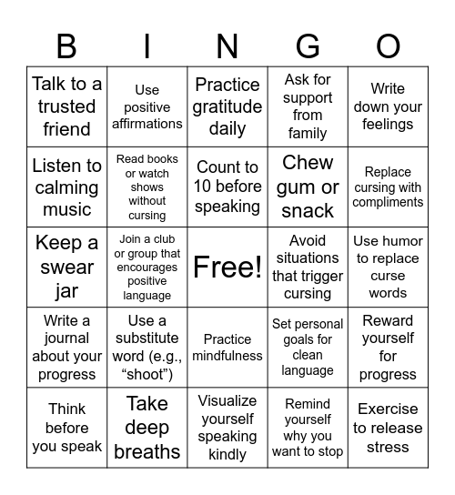 Ways to Stop Cursing Bingo Card