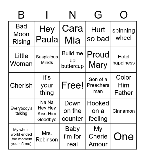 60s Hits Bingo Card