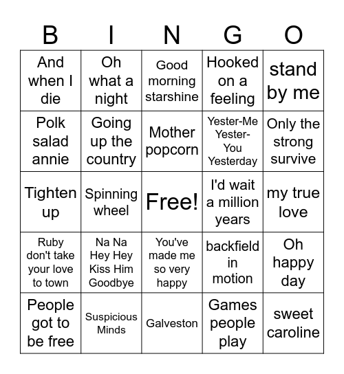 60s Hits Bingo Card