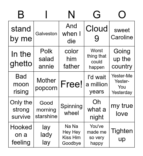 60s Hits Bingo Card