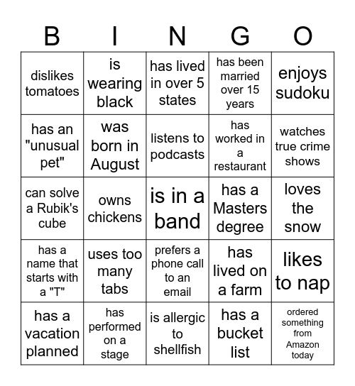 Find Someone Who.... Bingo Card