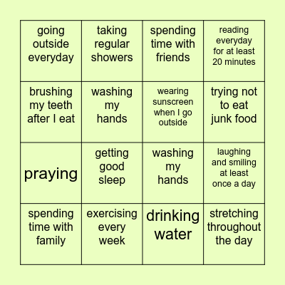 My Health Bingo Card