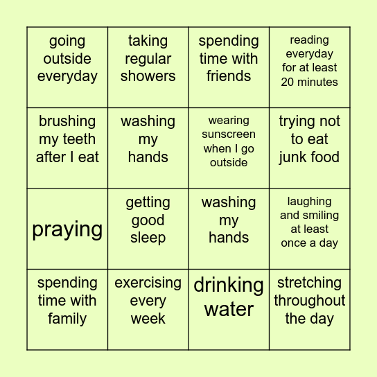 My Health Bingo Card