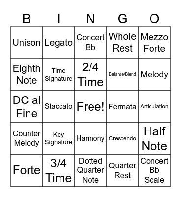 Elementary Band Vocab Bingo Card