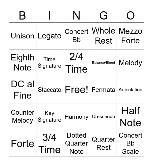 Elementary Band Vocab Bingo Card