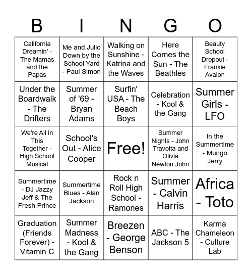 Music Bingo Card