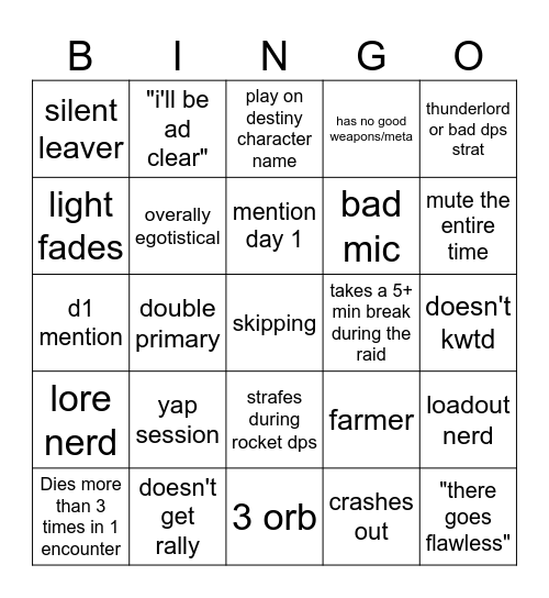 Destiny 2 Lfg Bingo (S) Bingo Card