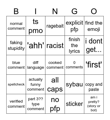 tiktok commenbt bingo Card