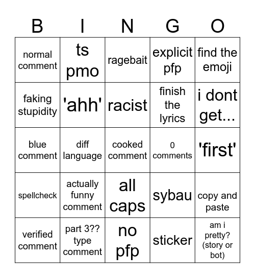 tiktok commenbt bingo Card