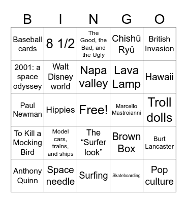 1960’s Leisure Time/Hobbies/Fads Bingo Card