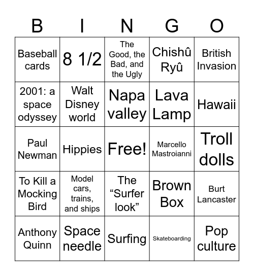 1960’s Leisure Time/Hobbies/Fads Bingo Card