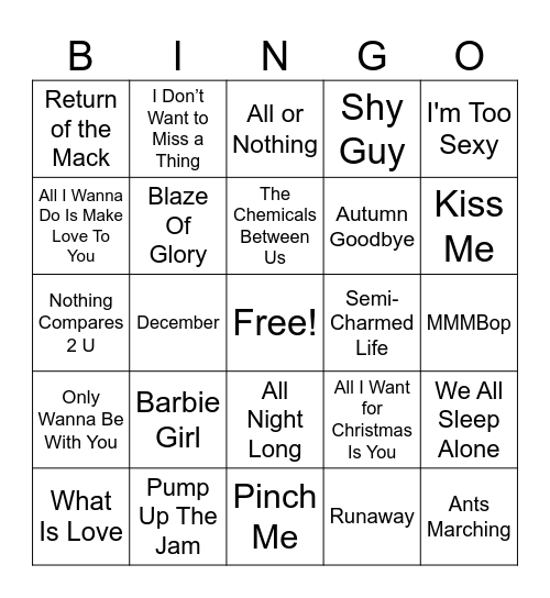 90's Music Bingo Round #1 Bingo Card