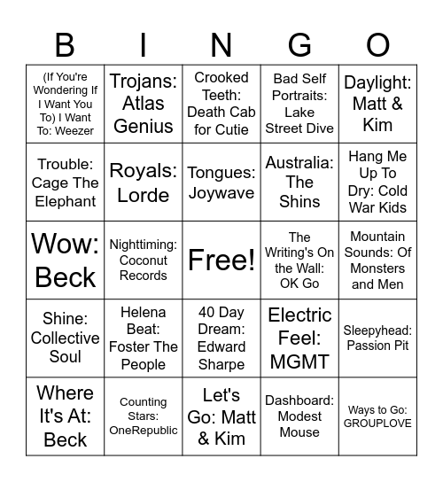 Indie Mix Bingo Card