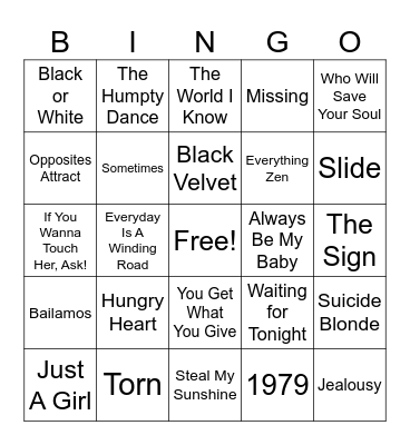 90's Music Bingo Round #3 Bingo Card