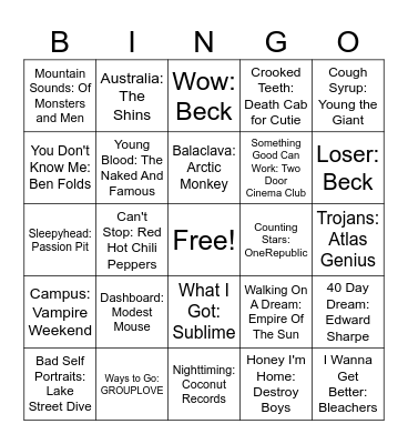 Indie Mix Bingo Card