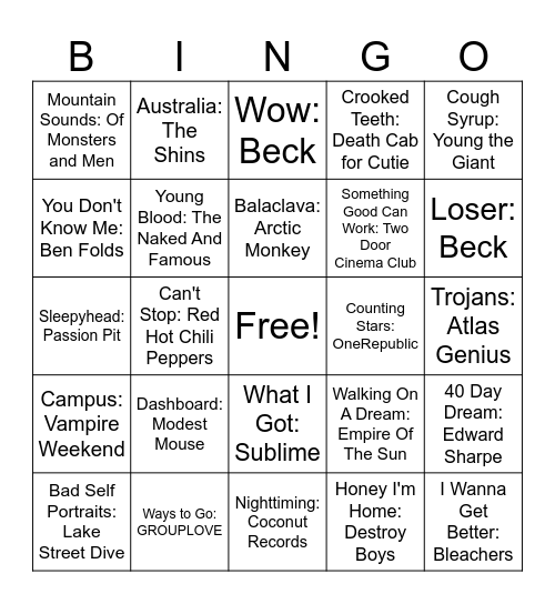 Indie Mix Bingo Card