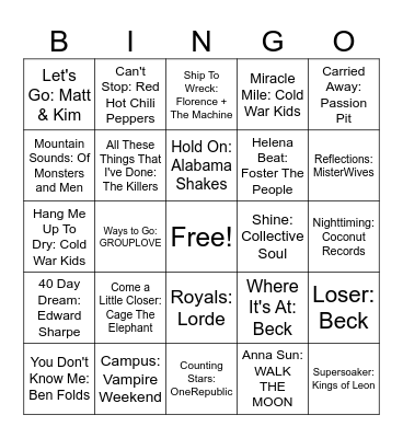 Indie Mix Bingo Card