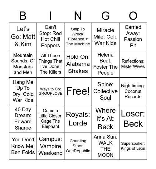 Indie Mix Bingo Card