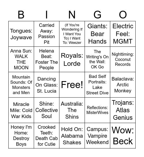 Indie Mix Bingo Card