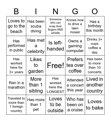 Coworker Ice Breaker Bingo Card