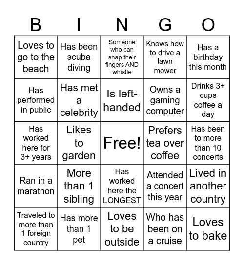 Coworker Ice Breaker Bingo Card