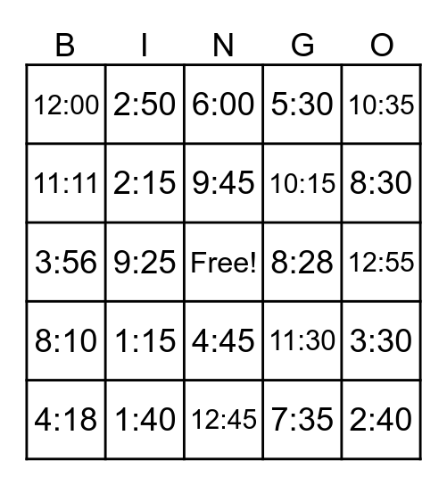 Time Bingo Card