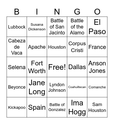 Texas History Bingo Card