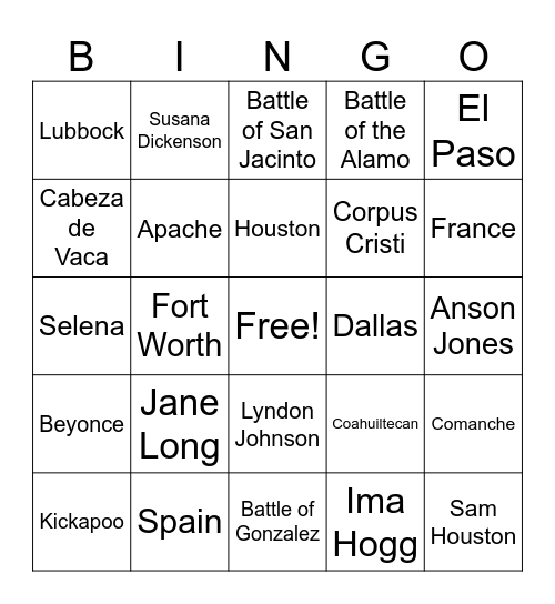 Texas History Bingo Card