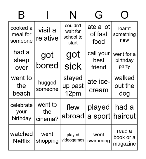 Only one person per square. Ask all the class. Eg: Did you go to the cinema? Bingo Card