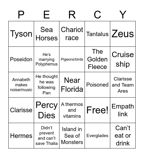 Sea of Monsters part 2 Bingo Card