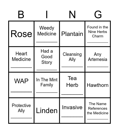 Herb Walk Bingo Card
