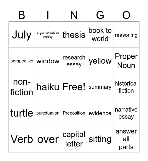 End of Year Bingo Card