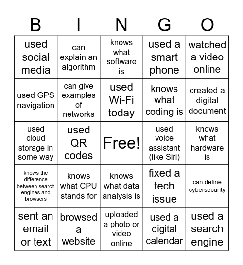 Course Tour Bingo Card