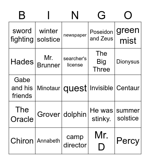 Percy Jackson Chapters 9-13 Bingo Card