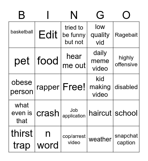 instagram Bingo Card