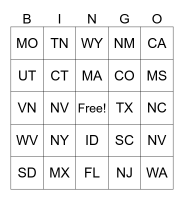 States Bingo Card