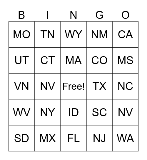 States Bingo Card