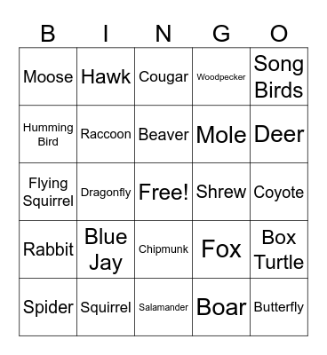 Forest Animal Bingo Card