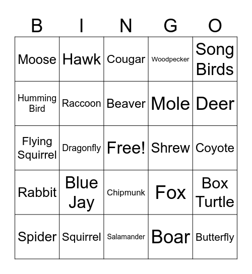 Forest Animal Bingo Card