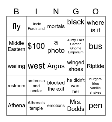 Percy Jackson The Lightning Thief (2) Bingo Card