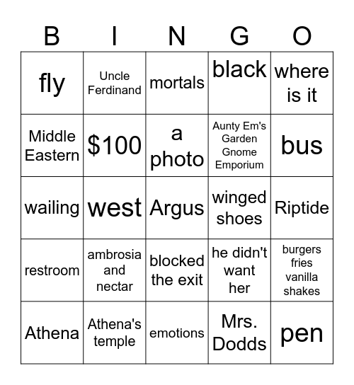 Percy Jackson The Lightning Thief (2) Bingo Card