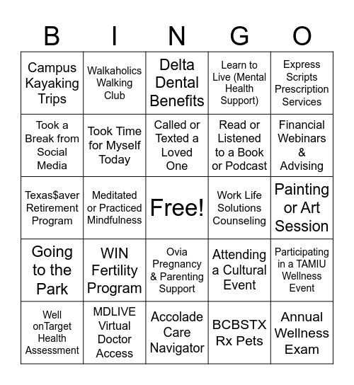 HealthyU Bingo Card
