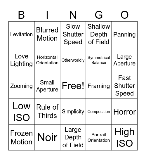 Photo 2 Bingo - Motion & Genre Portrait Bingo Card