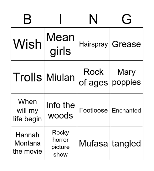 Modern movie musicals Bingo Card