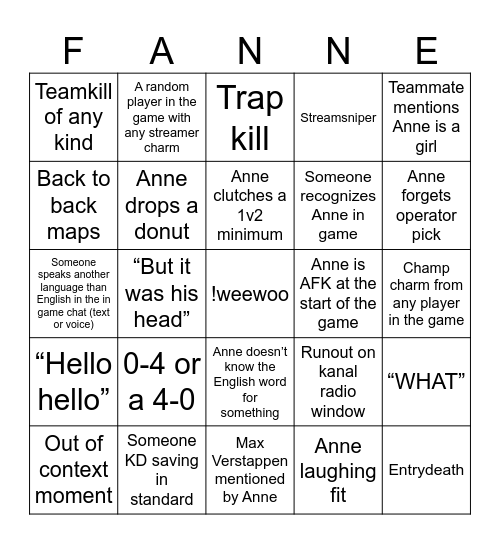 FastAnne Bingo Card