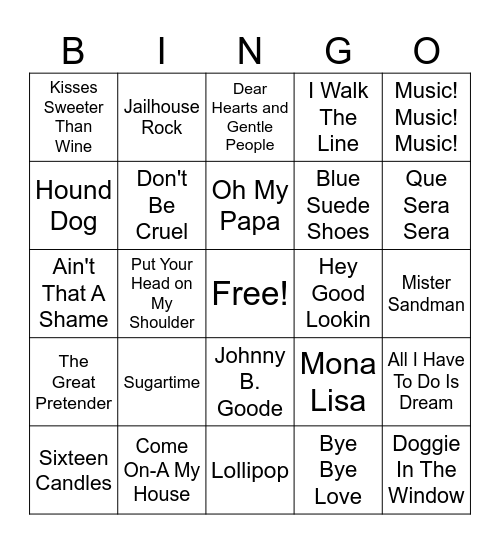 1950's MUSIC BINGO Card