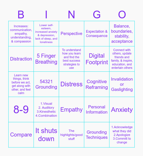 Counselor Lesson Review Bingo Card